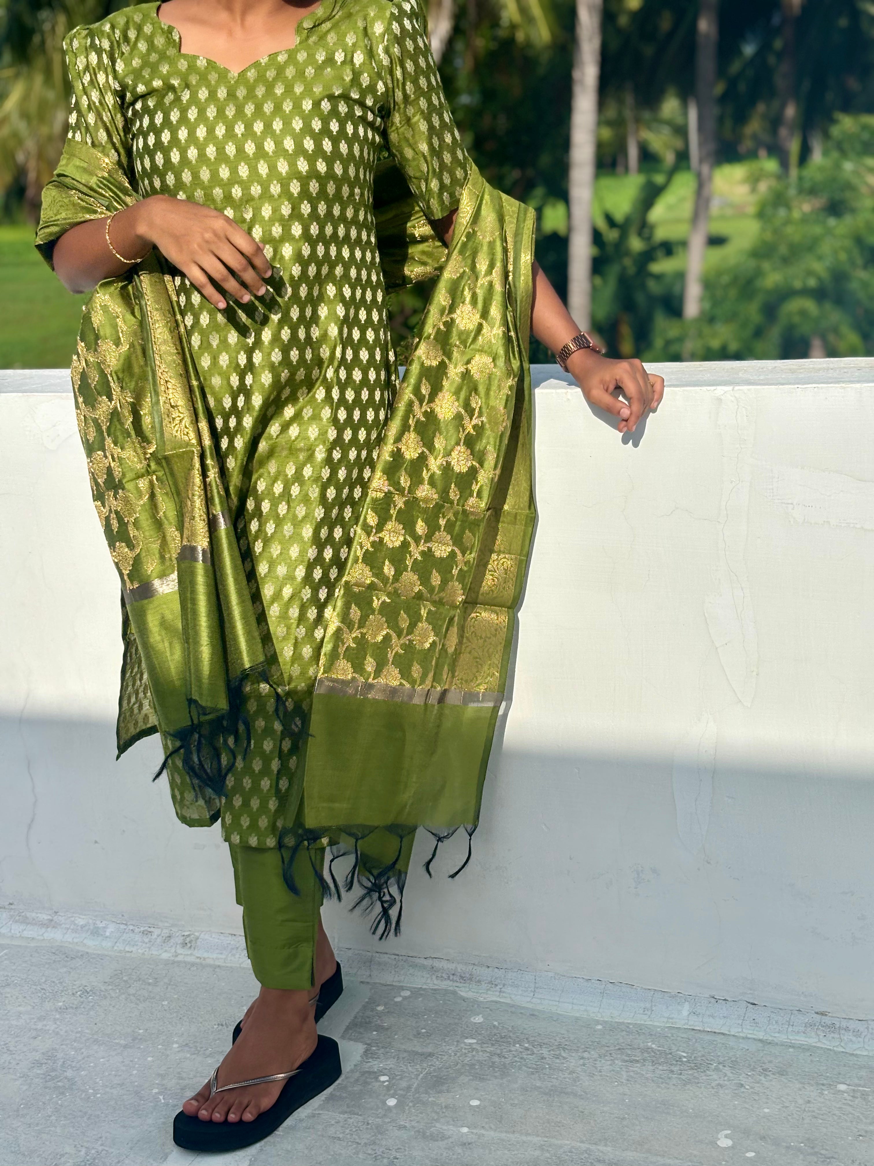 Elegant Green Silk Kurti Set with Dupatta
