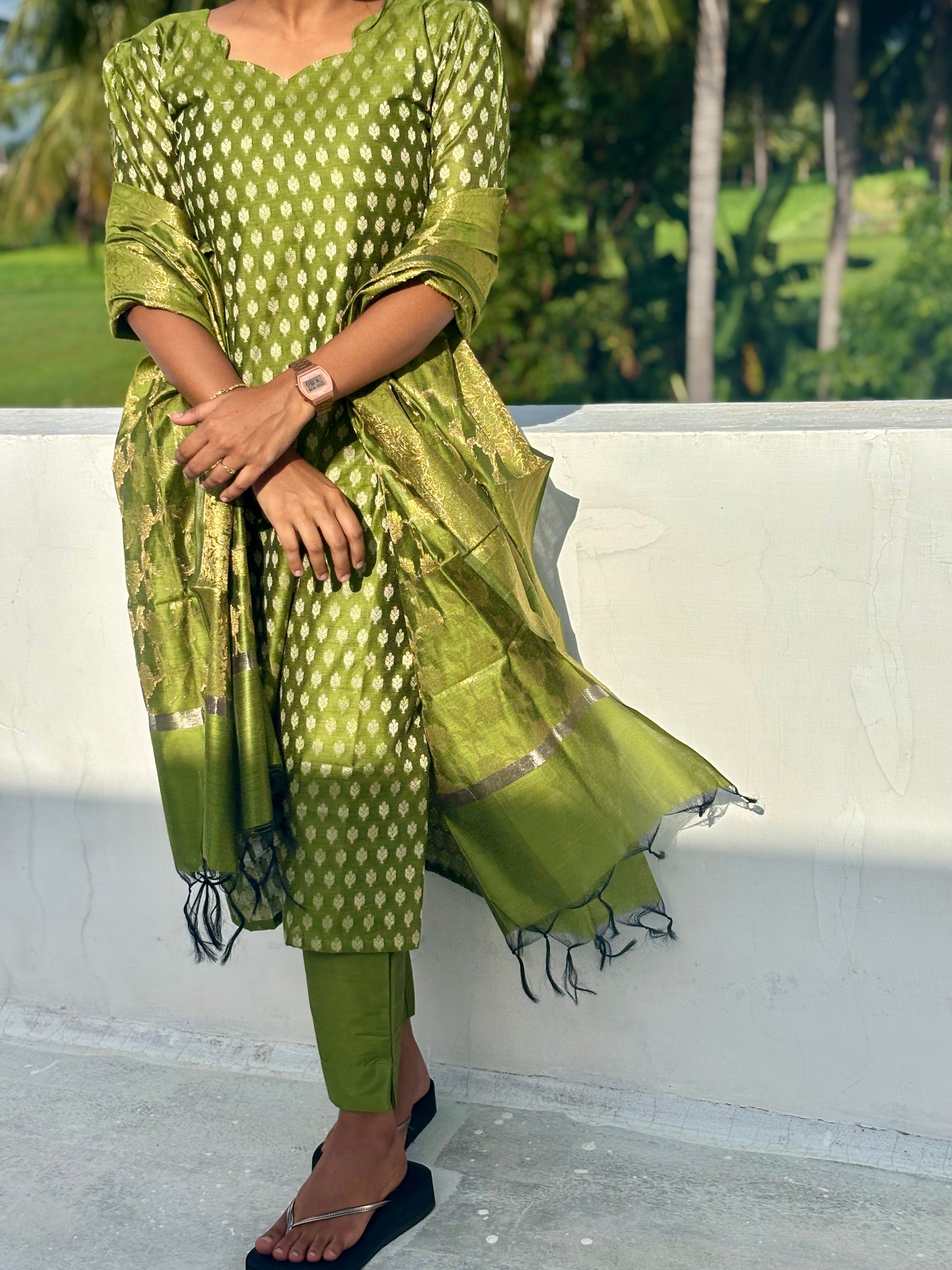 Elegant Green Silk Kurti Set with Dupatta