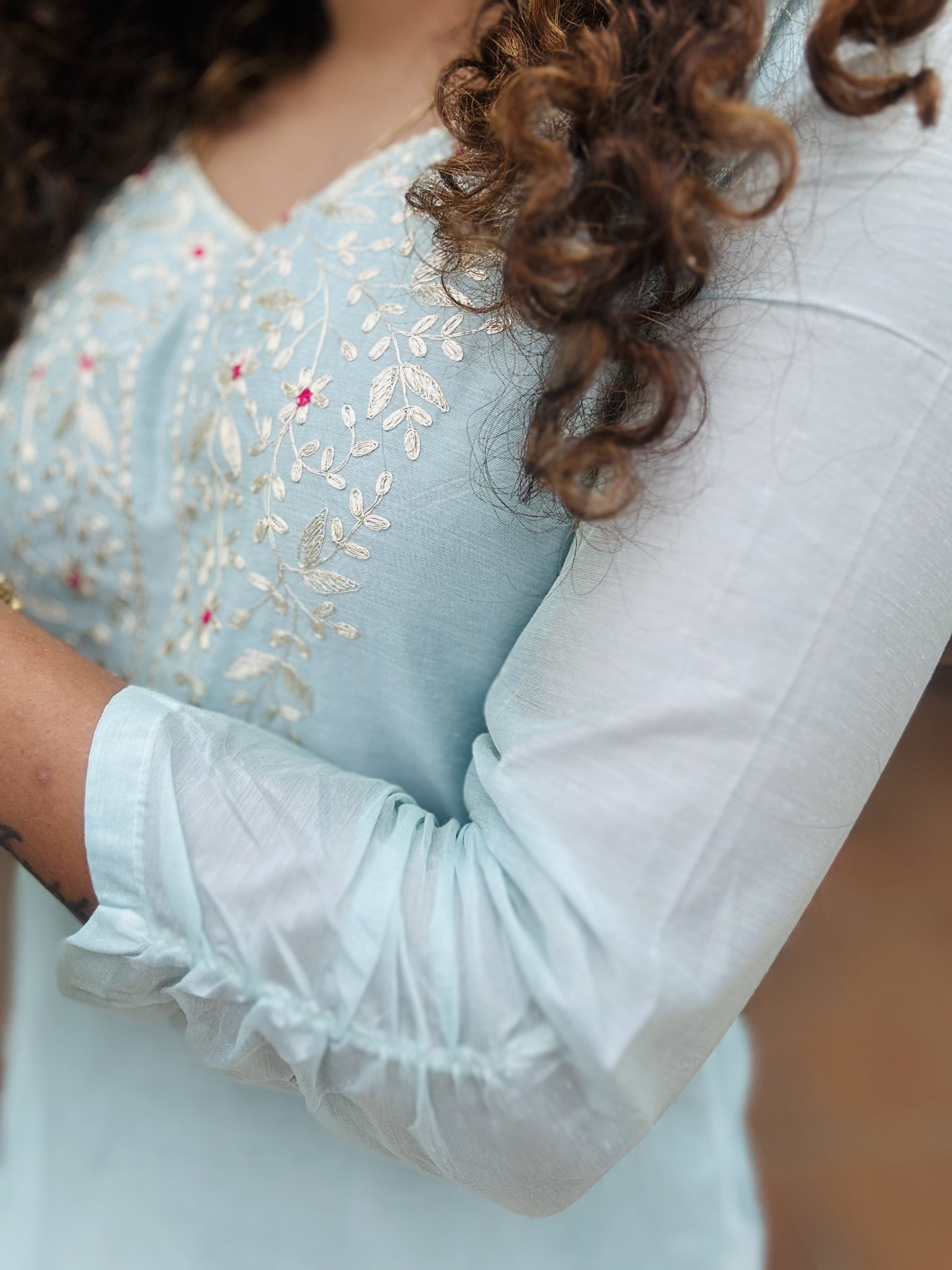 Blue Chanderi Silk Kurti with Cotton Pants