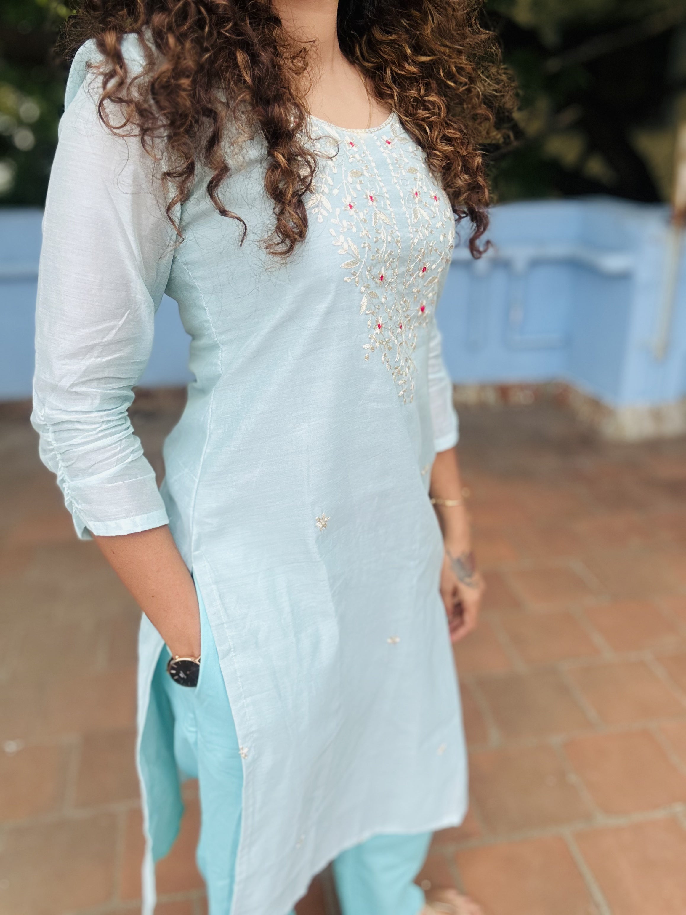 Blue Chanderi Silk Kurti with Cotton Pants