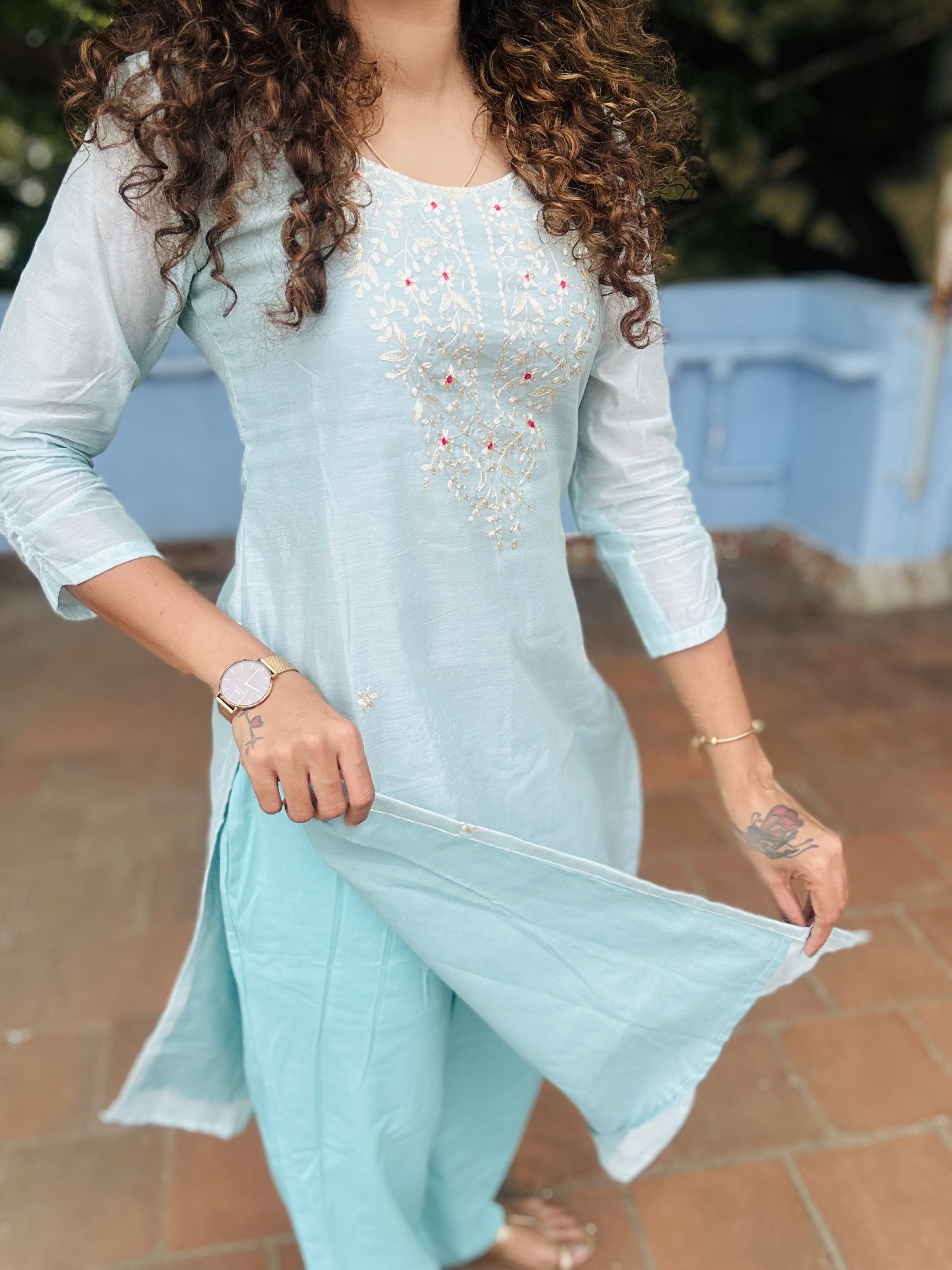 Blue Chanderi Silk Kurti with Cotton Pants