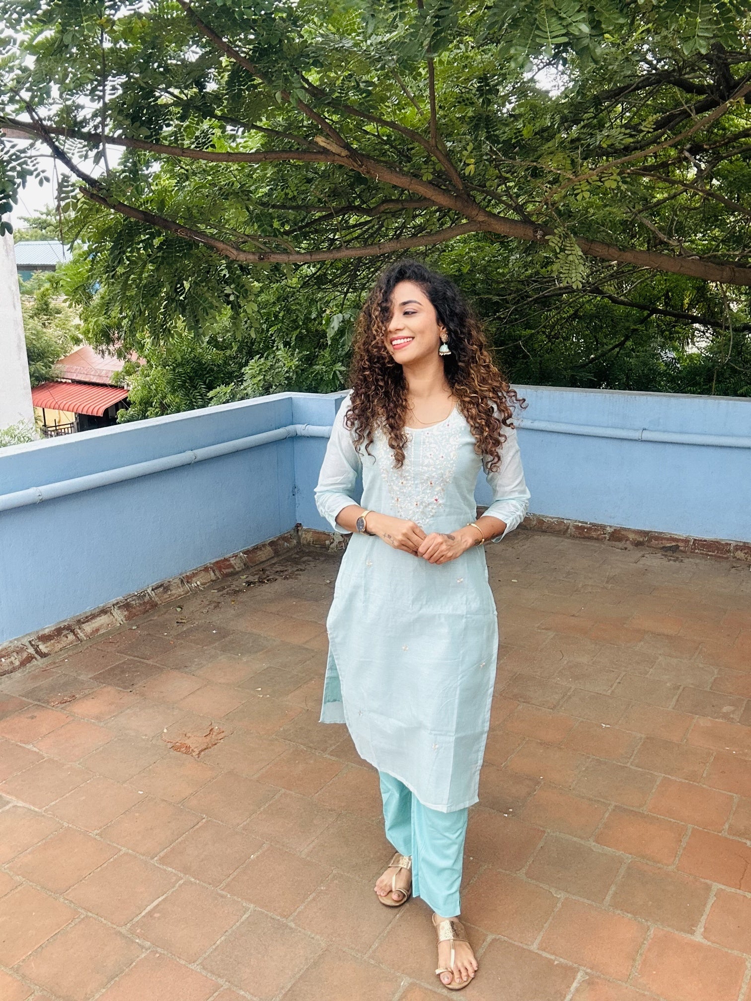 Blue Chanderi Silk Kurti with Cotton Pants