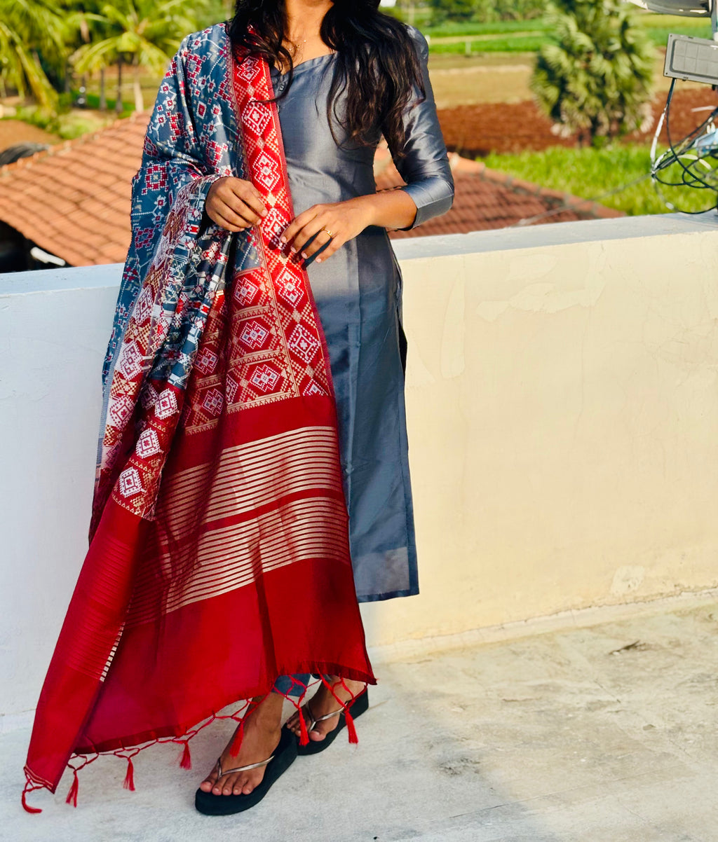 Gray silk kurtha set with Dupatta