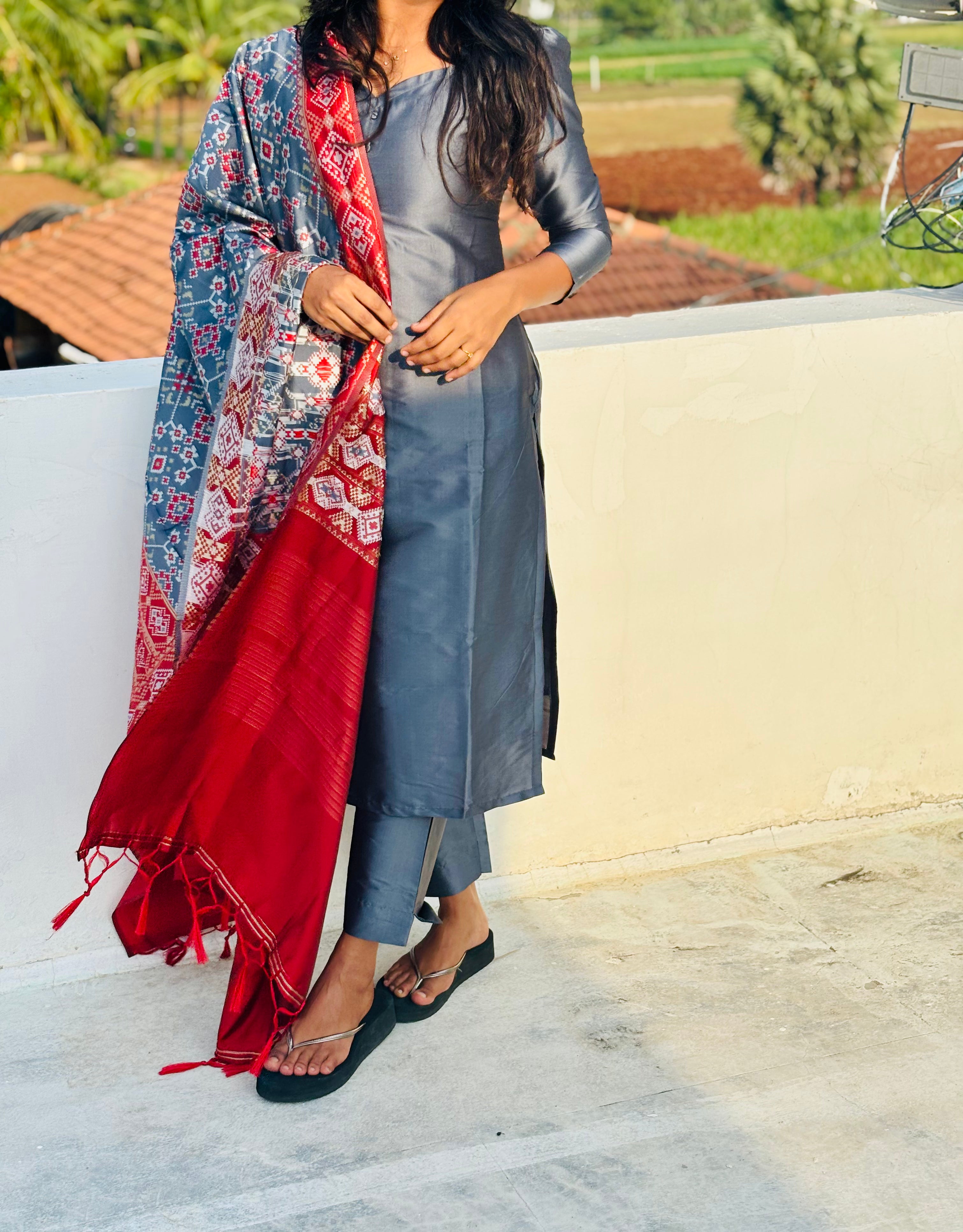 Gray silk kurtha set with Dupatta