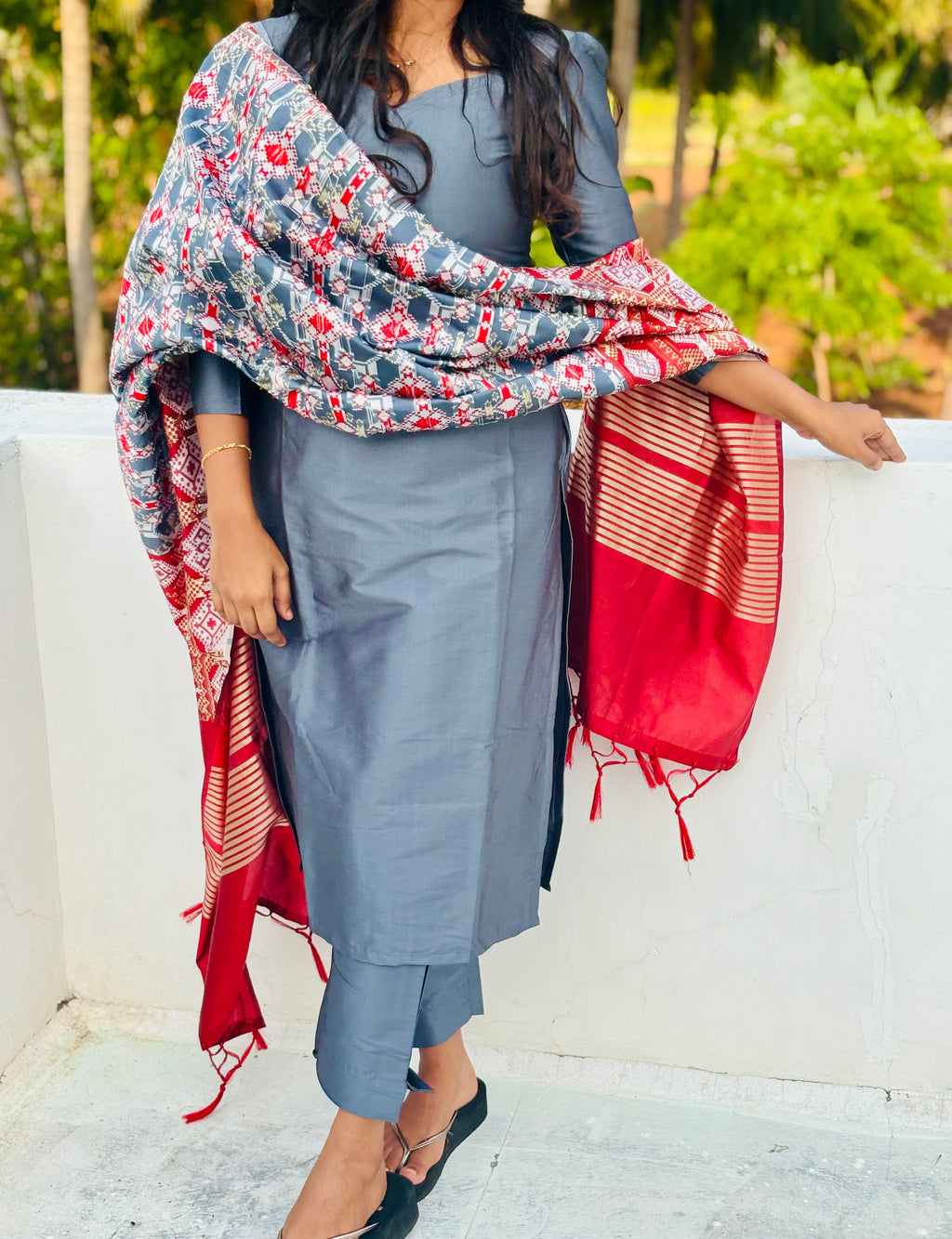 Gray silk kurtha set with Dupatta