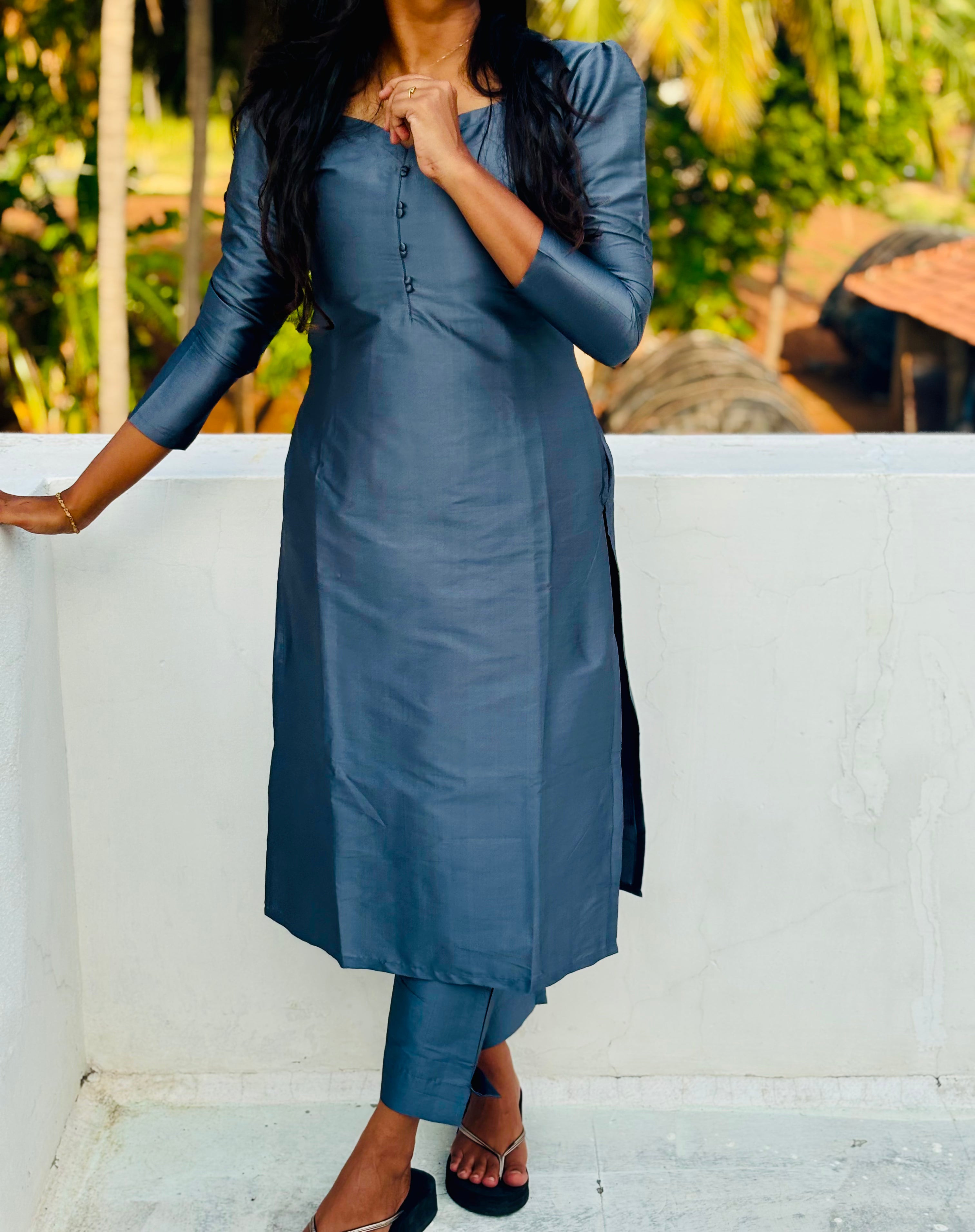 Gray silk kurtha set with Dupatta