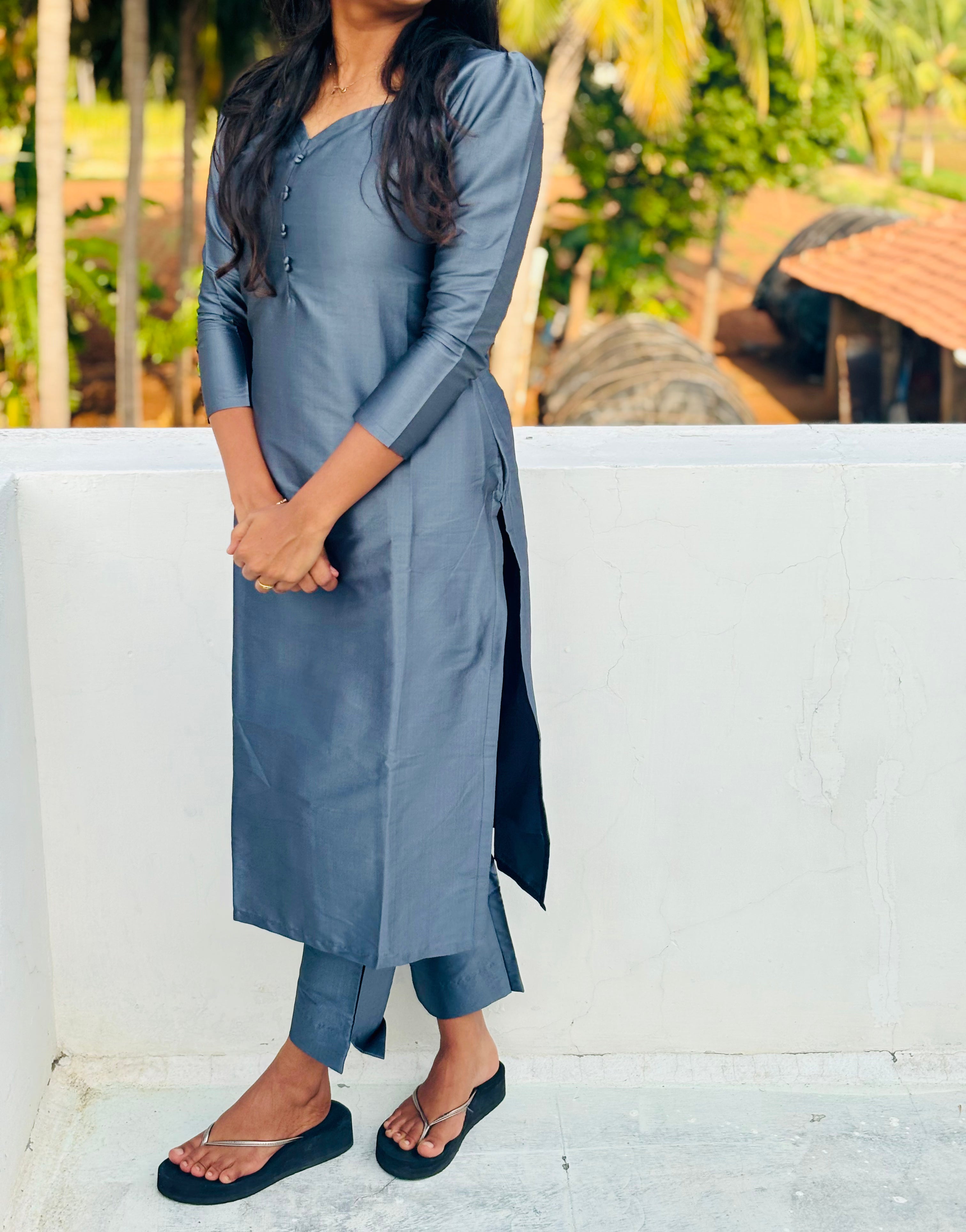 Gray silk kurtha set with Dupatta