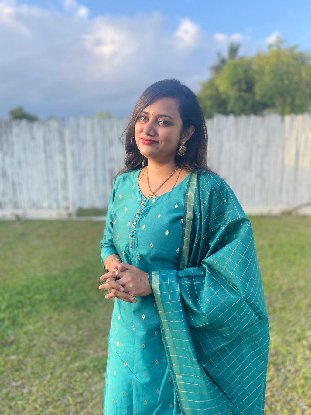 Teal Silk Kurta Set with Golden Embroidery & Matching Dupatta (3-Piece)