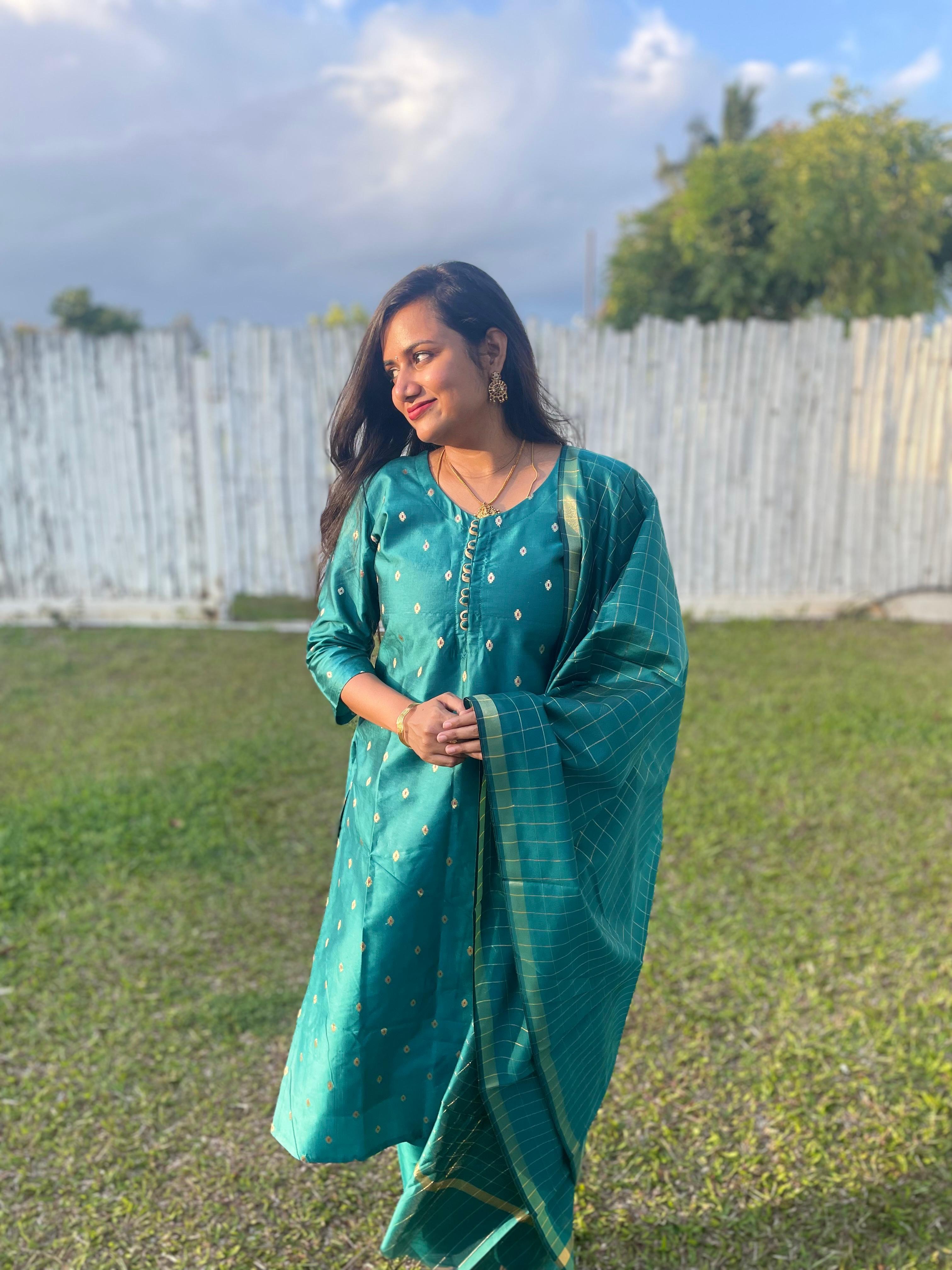 Teal Silk Kurta Set with Golden Embroidery & Matching Dupatta (3-Piece)