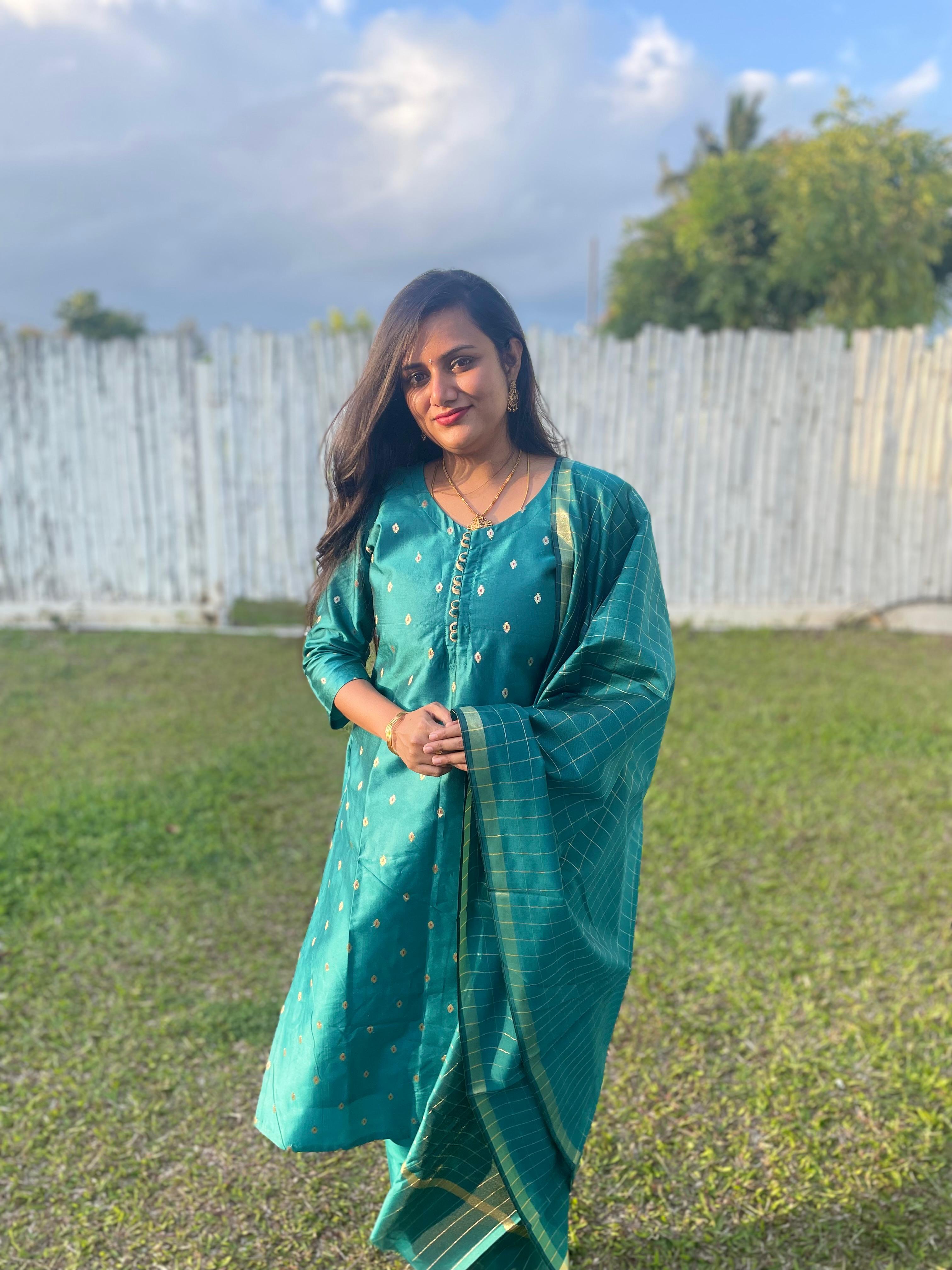 Teal Silk Kurta Set with Golden Embroidery & Matching Dupatta (3-Piece)