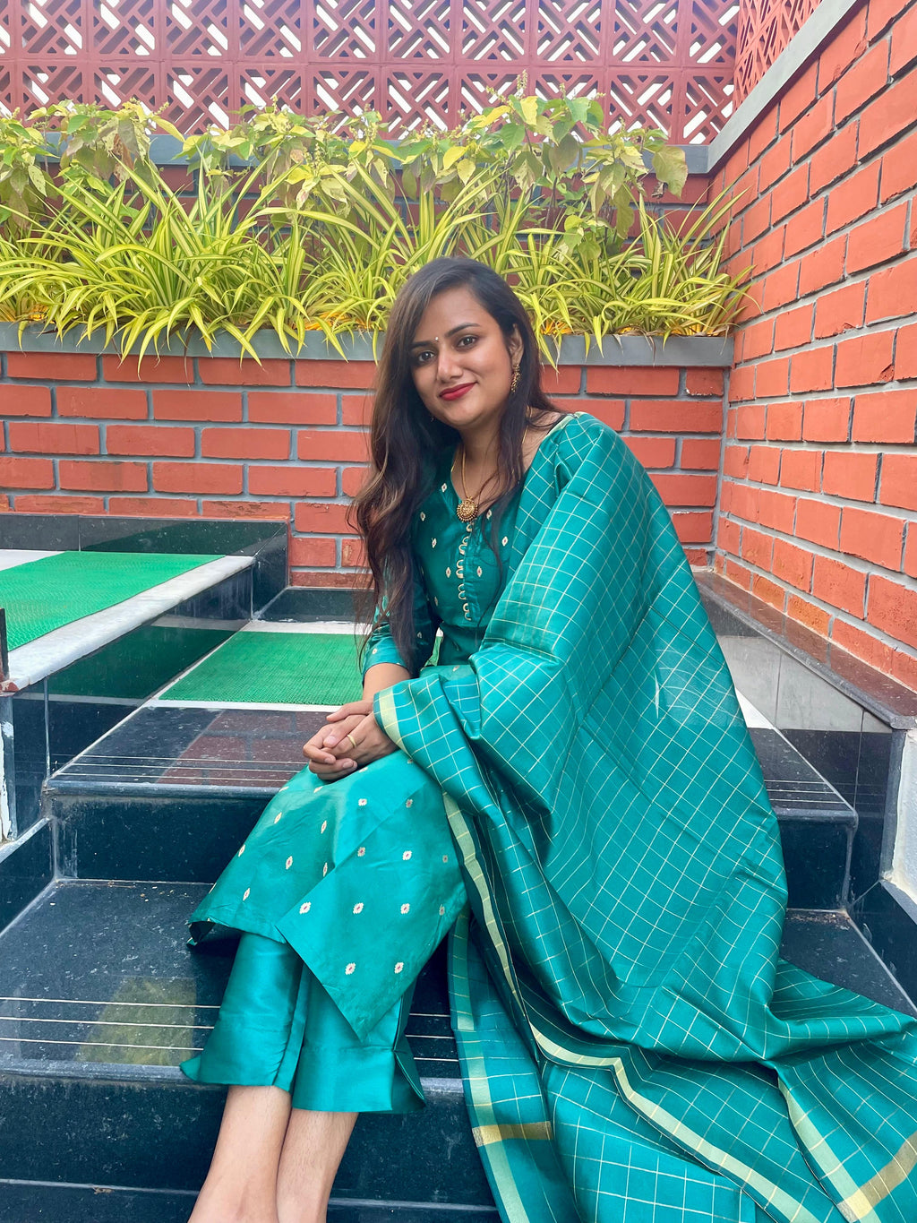 Teal Silk Kurta Set with Golden Embroidery & Matching Dupatta (3-Piece)